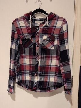 Adam Levine Collection Hooded Plaid Button-Down Shirt - Burgundy, Navy, Cream